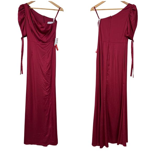 Mac Duggal NWT One Shoulder Tie Puff Sleeve Satin Trumpet Gown Deep Red Size 6 - Picture 3 of 9